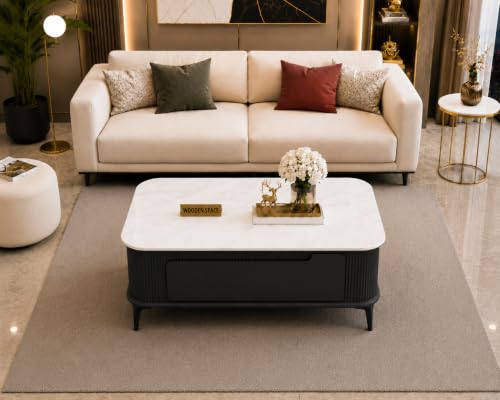 Image of WOODEN SPACE Premium Solo Marble-Top Wooden Center Table for Living Room | Iron Legs | PVD Coating | Modern Entryway Furniture | Coffee Table (Black, 42x42x18 Inch)