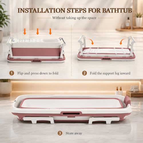 Image of Large Bathtubs for Adults Foldable Bath tub for Bathroom with Temperature Meter and Bath Pillow 148Lx62Wx52H CM Hot and Ice Spa Bathtub for Home Portable Adult Bathtubs (Pink)