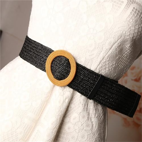 Adjustable Buckle Waist Belt Women Elastic Weaving Wide Waistband for Woman Girls Colorful Straw Vintage for Dresses3