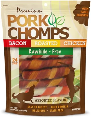 Pork Chomps Baked Pork Skin Dog Chews, 6 Inch Twists, 24 Count - Assorted Flavors - Long-Lasting Treats for Dogs - High Protein, Rawhide-Free, Low Fat, Healthy & Delicious Chews