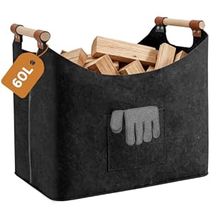 Ruemoo 60L Filz Korb für Kaminholz Faltbar mit 2 Taschen & Holzgriffen