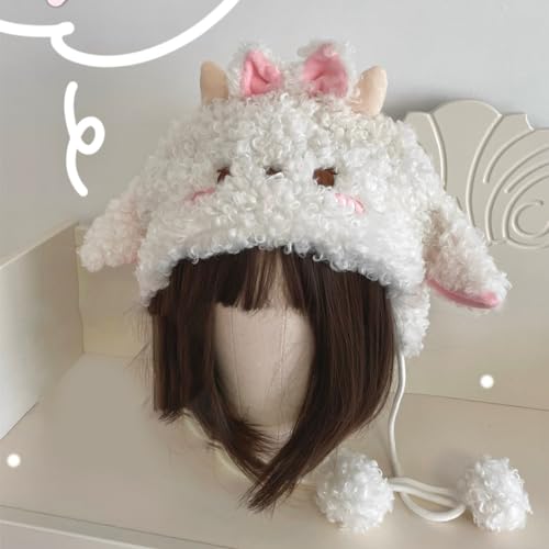 Cartoon Furry Lamb Hat Headgear with Ear for Girls Cosplay Warm Winter Headwear Cosplay Party Supplies White3