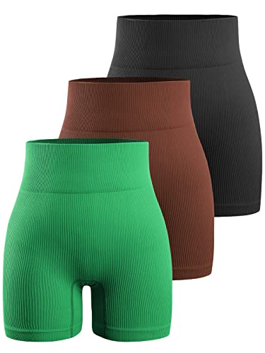 Women's 3 Piece Workout Shorts Yoga Seamless Ribbed High Waisted Spandex Booty Biker Shorts (Y8SP-B/Br/Green L)