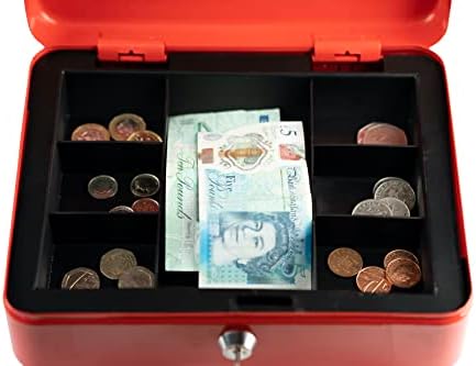 Hyfive® Steel Petty Cash Box With 2 Keys/Removable Change Tray For Perfect Secure Storage in Red 10"