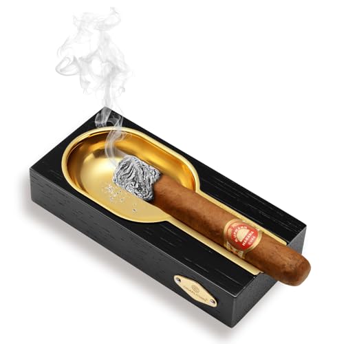 Posacenere per sigari in legno e lega, grande porta sigari, accessori per sigari per esterni e interni, posacenere con supporto per sigari in lega (nero oro)