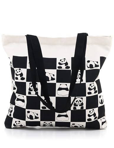 GODWOODS Bolsa de mão de lona estética com zíper para mulheres, bolsas de ombro de viagem, bolsas com compartimentos, B - Pixel Panda, Large