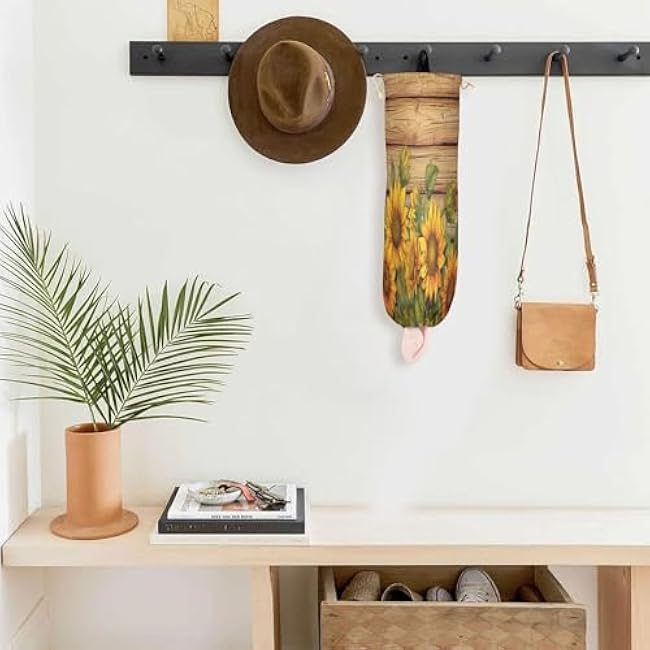 2 Pcs Wood Grain Sunflower Plastic Bag Holder Wall Mount Garbage Plastic Bag Organizer Kitchen Grocery Bag Storage Dispenser Home Decor