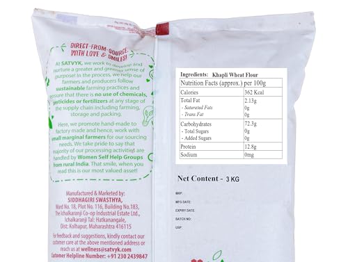 Image of S Siddhagiri's SATVYK THE HEALTH re STORE Khapli Wheat Flour - Stoneground Khapli Atta | Easy to Digest Emmer Wheat Flour | Fiber Rich Whole Wheat Flour | Fresh Khapli Atta (3Kg Pack)