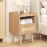 Rattan Nightstand with Charging Station, Mid Century Modern Bed Side Table with Drawer Open Shelf, Boho End Table with Solid Wood Legs,Bedside Tables for Kids' Room Farmhouse Bedroom Living Room Dorm