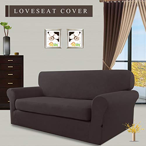 Image of Easy-Going 2 Pieces Stretch Loveseat Couch Sofa Slipcover Washable | Spandex Soft Fitted Sofa Couch Cover for Sofa Furniture Protector with Bottom Kids,Pet Dog Chocolate