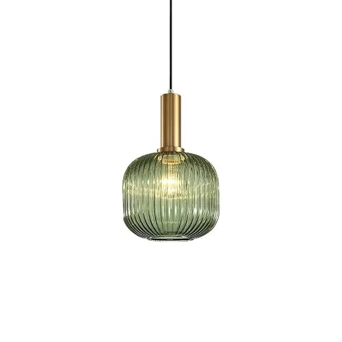 Mossodor Green Ribbed Glass Light Vintage Light Shades Ceiling Lights - Include E27 Bulb - Hanging Lamp Ceiling For Kitchen Living Room (, Drum (20Cm)