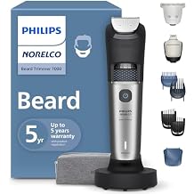 Norelco Philips Beard Trimmer 7000 Series, 100% Waterproof Trimmer for Men, 40 Lock-in Hair Length Settings, BeardSense Power Adaptability, Detail & T-Blade Trimmer Heads, Charging Stand, BT7670/40