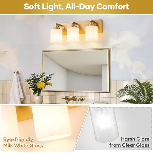 Image of Vanity Lights for Bathroom, 3-Light Brushed Gold Bathroom Vanity Light Over Mirror with Milky White Glass Shades, Modern Bathroom Light Fixtures for Living Room Hallway Cabinet (Bulbs Not Included)