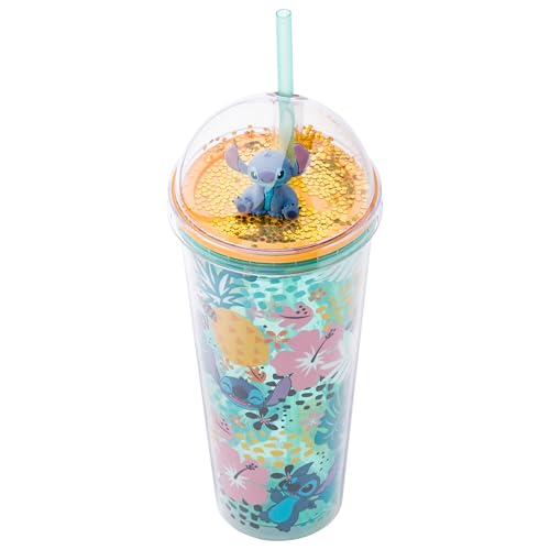 Image of Silver Buffalo Disney Lilo and Stitch Aloha, Dome Top Travel Tumbler, 24oz | Tropical Leaves Pattern, Glitter Finish, 0.71 Liters