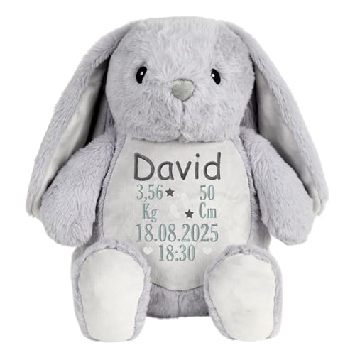 Peluche personalizado bebé bordado con nombre y datos de nacimiento – peluche animal recuerdo recién nacido con fecha, hora, peso y altura – regalo original nacimiento (Conejo Gris)