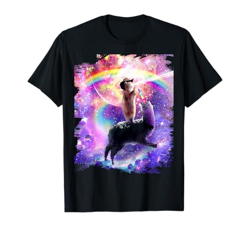 Laser Galaxy Space Cat sur licorne arc-en-ciel T-Shirt