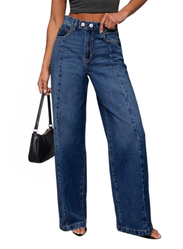 Sidefeel Women's High Waisted Wide Leg Denim Pants Size 16 Dark Blue
