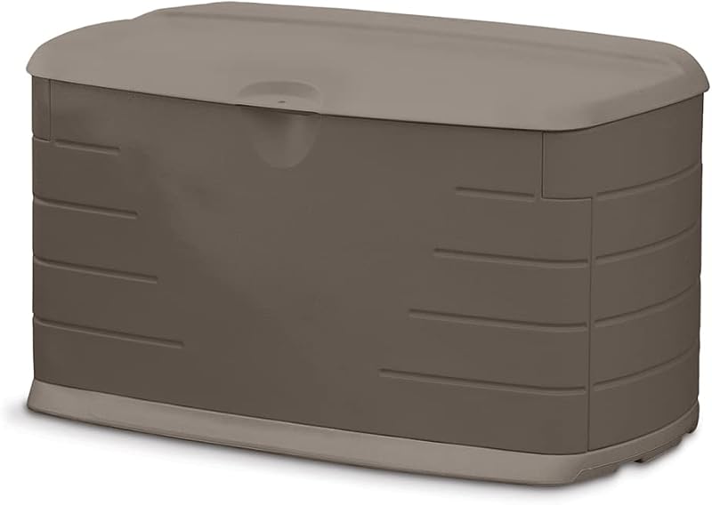 Rubbermaid Caja de almacenamiento para exteriores de resina mediana (73 gal), resistente a la intemperie, marrón, organización de cubierta para el hogar/patio trasero/productos químicos de pileta/juguetes/herramientas de jardín/cojines de porche/patio