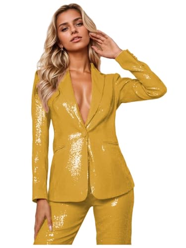 Gold Sparkly Plus Size Womens Pants Suit Sequin Single Breasted Blazer Trousers Casual Work Professional V Neck Jacket Pants Size 3X-Large