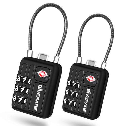 2 Pack TSA Approved Travel Luggage Locks, Metal Cable Combination Lock Alloy, Keyless 3-Digit Padlocks, Weatherproof TSA Accepted Padlock Toolbox Lock for Gym Locker, Golf Bag Case, Backpack, Black