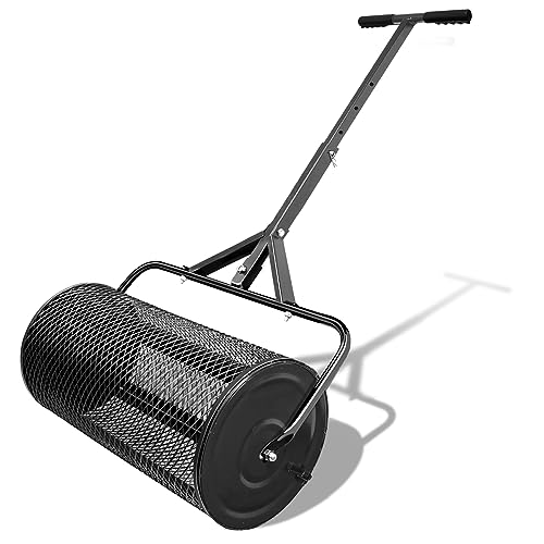 Virzen 24 Inch Compost Spreader, Durable Peat Moss Spreader with Adjustable T Shaped Handle for Planting Seeding, Garden Lawn Care Manure Spreaders Roller (Black L)