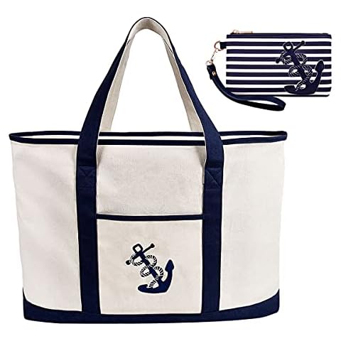 inOne Heavy Canvas Tote Bag Zipper Grocery Shopping Bag and PU Leather Anchor Purse Wristlet Pouch Bundle Cover