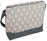 leichte Handwäsche möglich Wenfa Damen Umhängetasche in grau mit rosa Ankern, mit Trageriemen und Absetzung aus grauem Kunstleder, 100% Baumwolle, ca 36x28 cm