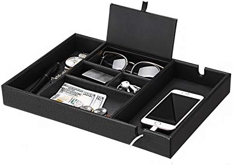 BEWISHOME Valet Tray for Men Dresser Organizer Nightstand Organizer Desktop Storage Organizer with Large Smartphone Charging Station, 6 Compartments, Carbon Fiber Faux Leather,Black SSH16C