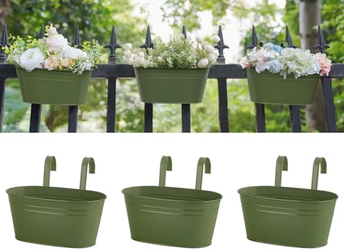 Dahey 10.5 Inch Metal Iron Hanging Flower Pots for Railing Fence Hanging Bucket Pots Countryside Style Outdoor Planter Window Flower Plant Holder with Detachable Hooks Home Decor,Green,3 Pcs by Dahey - Used condition - US$18.05