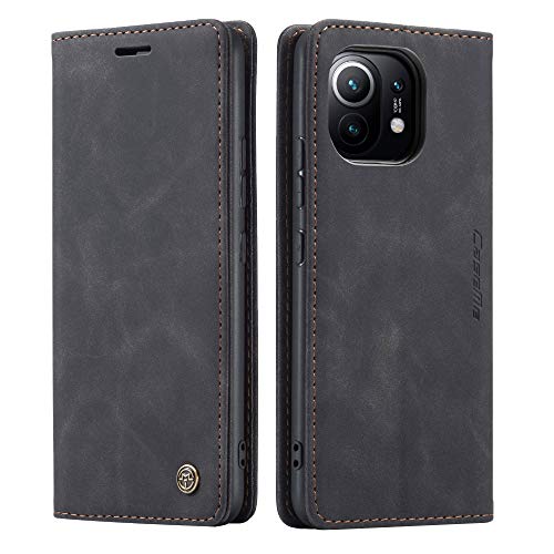 AiMok Funda Compatible con Xiaomi Mi 11, Anti-Rayones Carcasa de Cuero [Ranuras para Tarjetas] [Cierre Magnético] Cuero Flip Folio Carcasa para Xiaomi Mi 11 - Negro