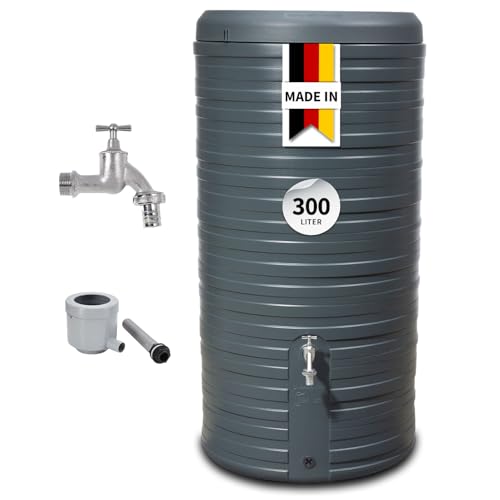 GARANTIA Nordic 2in1 Komplett-Set Regentonne 300 Liter Graphite Grey inkl. Chrom-Auslaufhahn und Fallrohranschluss - Regentonne, Wassertank, Regenfass, Regenwassertonne, Wasserbehälter, Fass