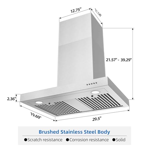 Image of Wall Mount Range Hood 30 Inch T Shape 900CFM Stainless Steel Vent Hood with Split Type Permanent Grease Baffle Filter, Stove Hood Chimney Style Kitchen Exhaust Fan, Ductless Convertible