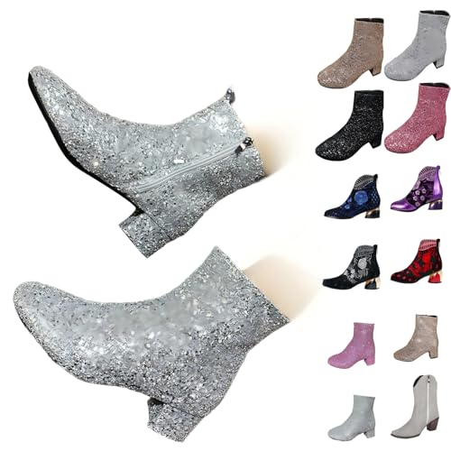 irregular choice shoes Ladies Boots Chunky Heel Mid Heel Short Boots Women's Border Large Size Glitter Sequins Round Head Chunky Wide Fit Wedge Shoes Warm Lined Low Calf western women Silver 7.5