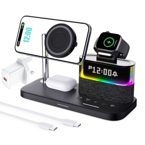 Charging Station With Alarm Clock,5 In 1 Wireless Charger Stand For iPhone17 16 15 14 13 Pro Max AirPods Apple Watch,Bedside Docking Station with Light,33W adapter,Tech Gadgets Gifts