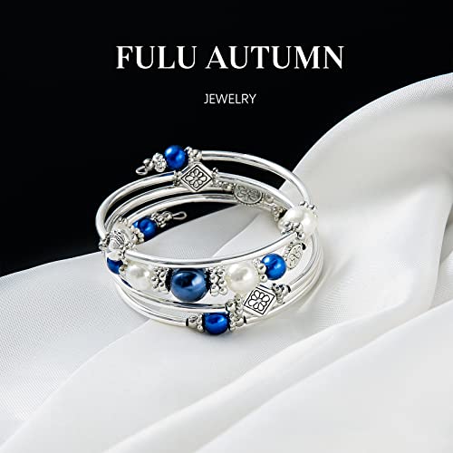 FULU AUTUMN Beaded Bangle Bracelets for Women Silver Wrap Bangles Bracelet Womens Costume Jewelry Fashion Gift3