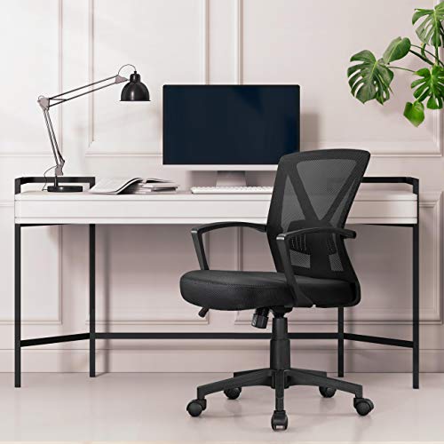 Image of Yaheetech Mid-Back Mesh Task Office Desk Chair with Wheels and Arms, Black | Breathable mesh back and foam-padded seat for all-day comfort; sturdy metal frame, height adjustable, and easy to assemble