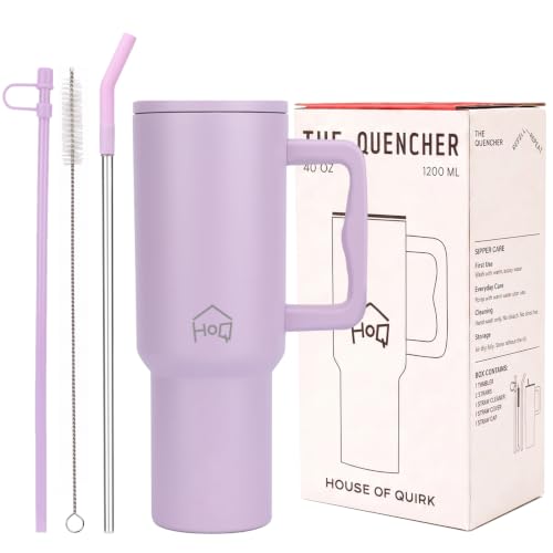 House of Quirk 1200ML Stainless Steel Tumbler with Handle & Lid, 2 Straws – Large Travel Mug Water Cup for Gym, Office & Outdoor Use (Lavender Mist)