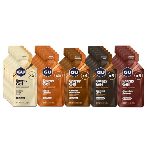 GU Energy Original Sports Nutrition Energy Gel, Vegan, Gluten-Free, Kosher, and Dairy-Free On-the-Go Energy for Any Workout, 24-Count, Assorted Indulgent Flavors