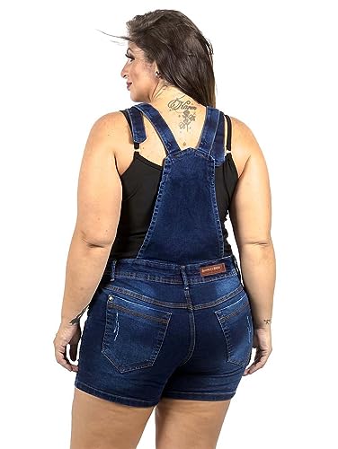 Jardineira jeans short plus size Lavanda e Alecrim (Azul, 54)