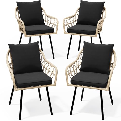 YITAHOME Outdoor Armchairs Set, Handwoven All-Weather Rattan Chairs with Plush Removable Cushions and Sturdy Iron Frame for Patio, Deck, or Poolside (Set of 4)