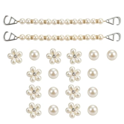 PYRUVAE 20 Pièces Pins Femme, 18 Charms Fleur Perle avec 2 Chaînes de Chaussure, Bijoux pour Chaussures Décoration de Sabots DIY Accessoires pour Clogs, Blanc Cassé