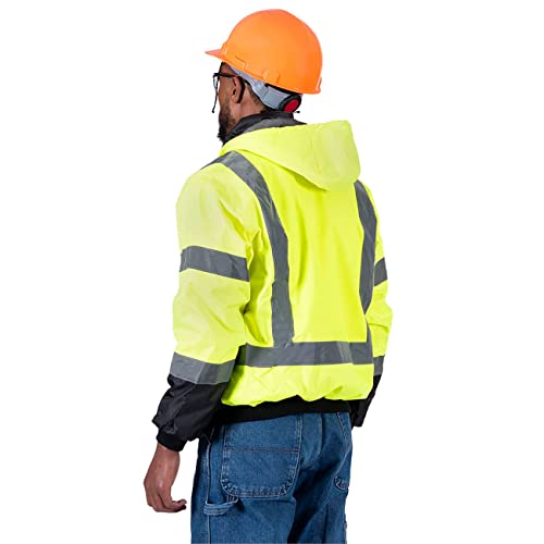 Pioneer High Vis Safety Bomber Jacket For Men – Waterproof Reflective Rain Gear – Class 3 – Detachable Hood – Yellow/Black #TOP7