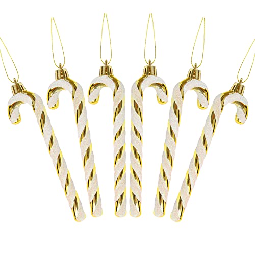 DERAYEE 6 PCS Christmas Glitter Candy Cane Plastic Candy Cane Christmas Tree Decorations for Xmas New Year Party Supplies (Gold&White)