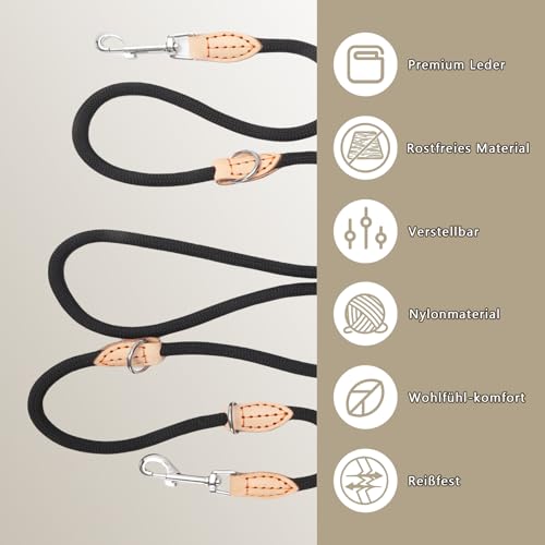 Hundeleine für Mittelgroße & Große Hunde, Multifunktionsleine Führleine für Hunde 2.1m Verstellbare mit 2 Karabiner, Robuste Nylon Dog Leash, Schleppleine Doppelleine für 2hunde (Schwarz, 1cm x 2.1m)