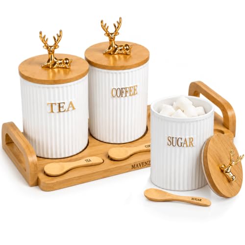 MAVENZA Luxury Ceramic Tea Coffee Sugar Canisters Set of 3 with Gold Deer Lids, Airtight Bamboo Lid Storage Jars, Wooden Tray & Spoons, Kitchen Countertop Containers Essentials