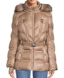 Michael Michael Kors Women's Faux Fur Hooded Shiny Puffer Belted Coat Jacket Taupe (as1, alpha, s, r