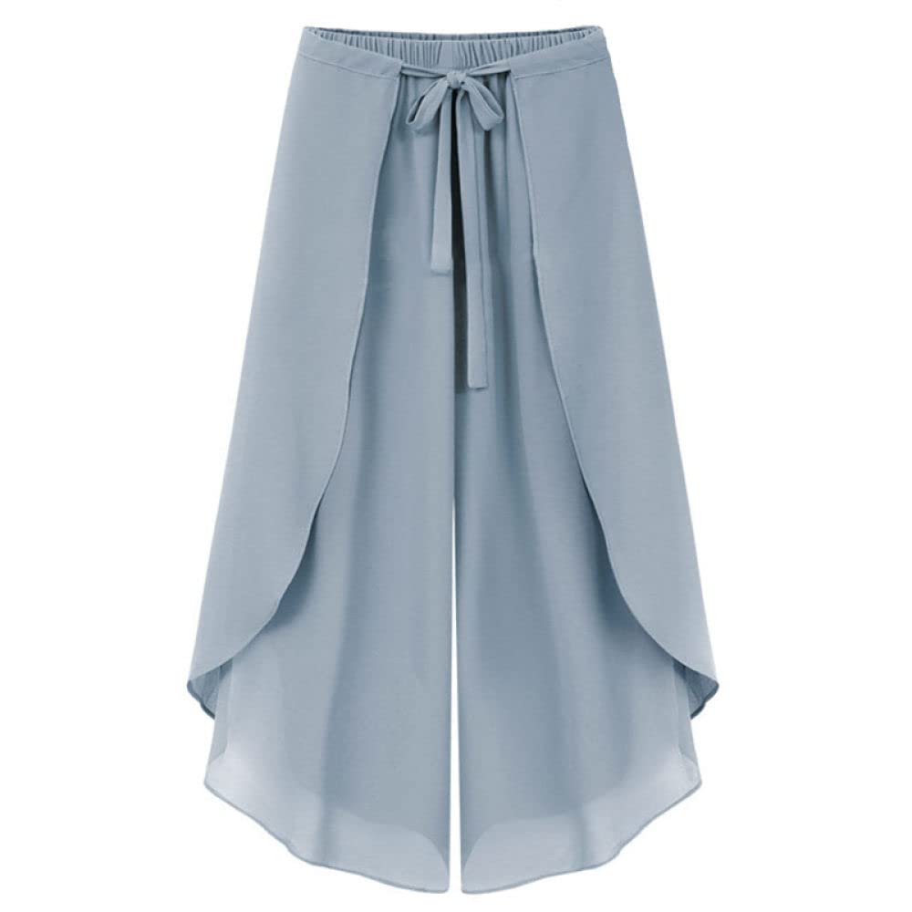 Wide Leg Hose Damen, Damen-Chiffon-Hose Mit Weitem Bein Solide Palazzo-Hose Mit Kordelzug Halbe Elastische Taille Elegante Fließende Geschwungene Culottes-Hose Modische Leichte Luftige Kurz Geschni