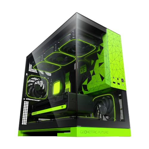 Image of Geometric Future Model 3 Panoramic Tempered Glass Dual Chamber Micro-ATX Tower PC Case, 5 Pre-Installed 120mm x 30mm PWM ARGB Fans, USB Type-C, 360mm Radiator Support, Black /Green, GEO-M3F-BNV