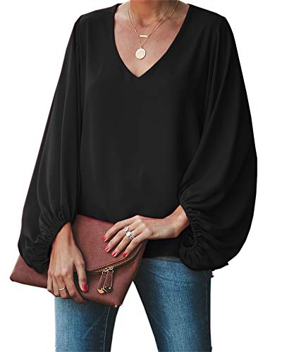 Umeko Womens V Neck Chiffon Blouses Tops Oversized Long Lantern Sleeve Pullover Shirts Black