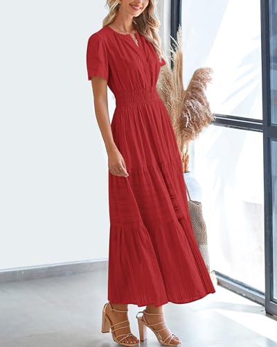 BTFBM Womens Summer 2026 Casual Midi Maxi Dresses Lightweight Short Sleeve V Neck Elastic Waist Boho Beach Dress Pockets - image 7